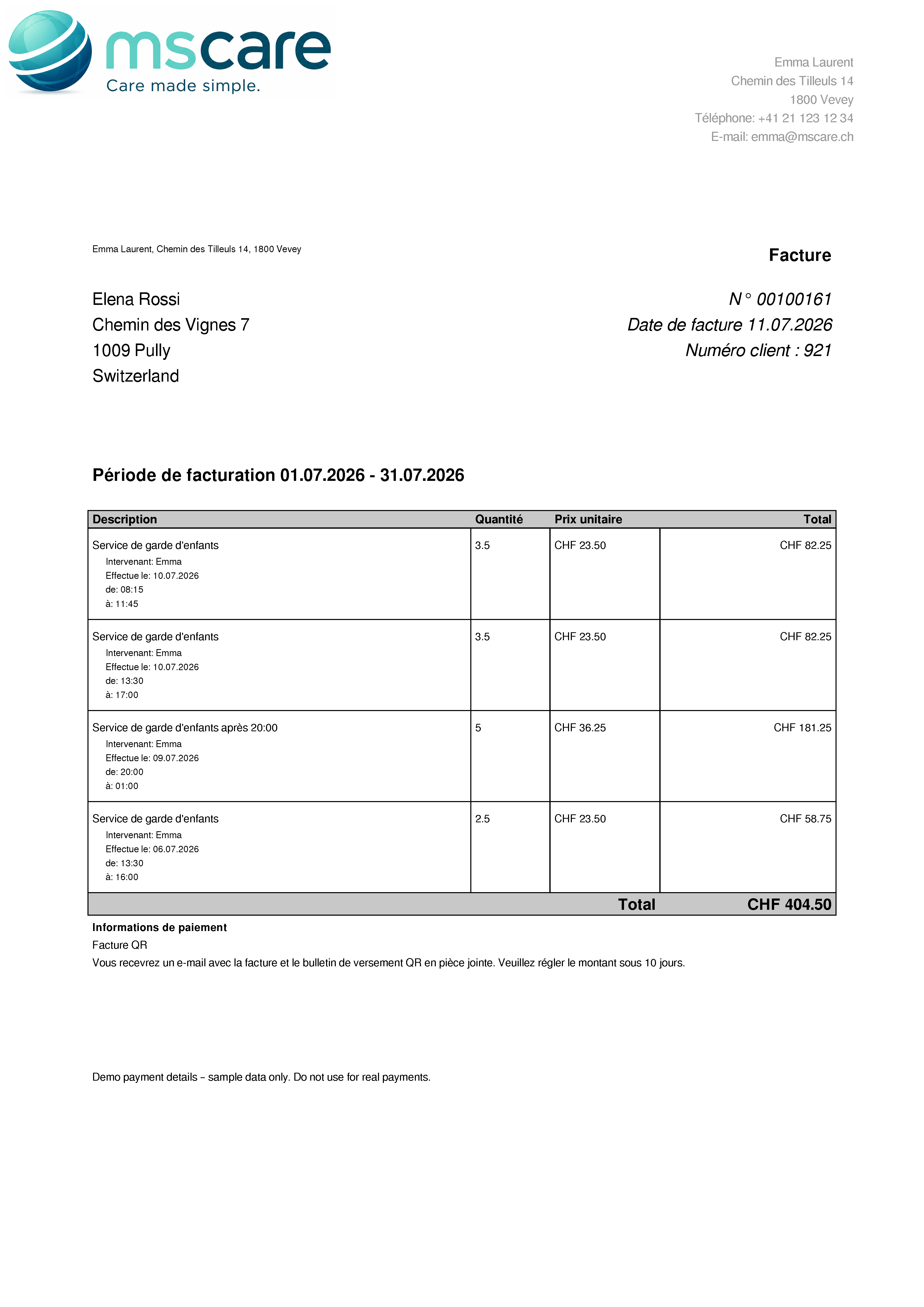 Facture PDF détaillée listant chaque prestation de baby-sitting et période de travail