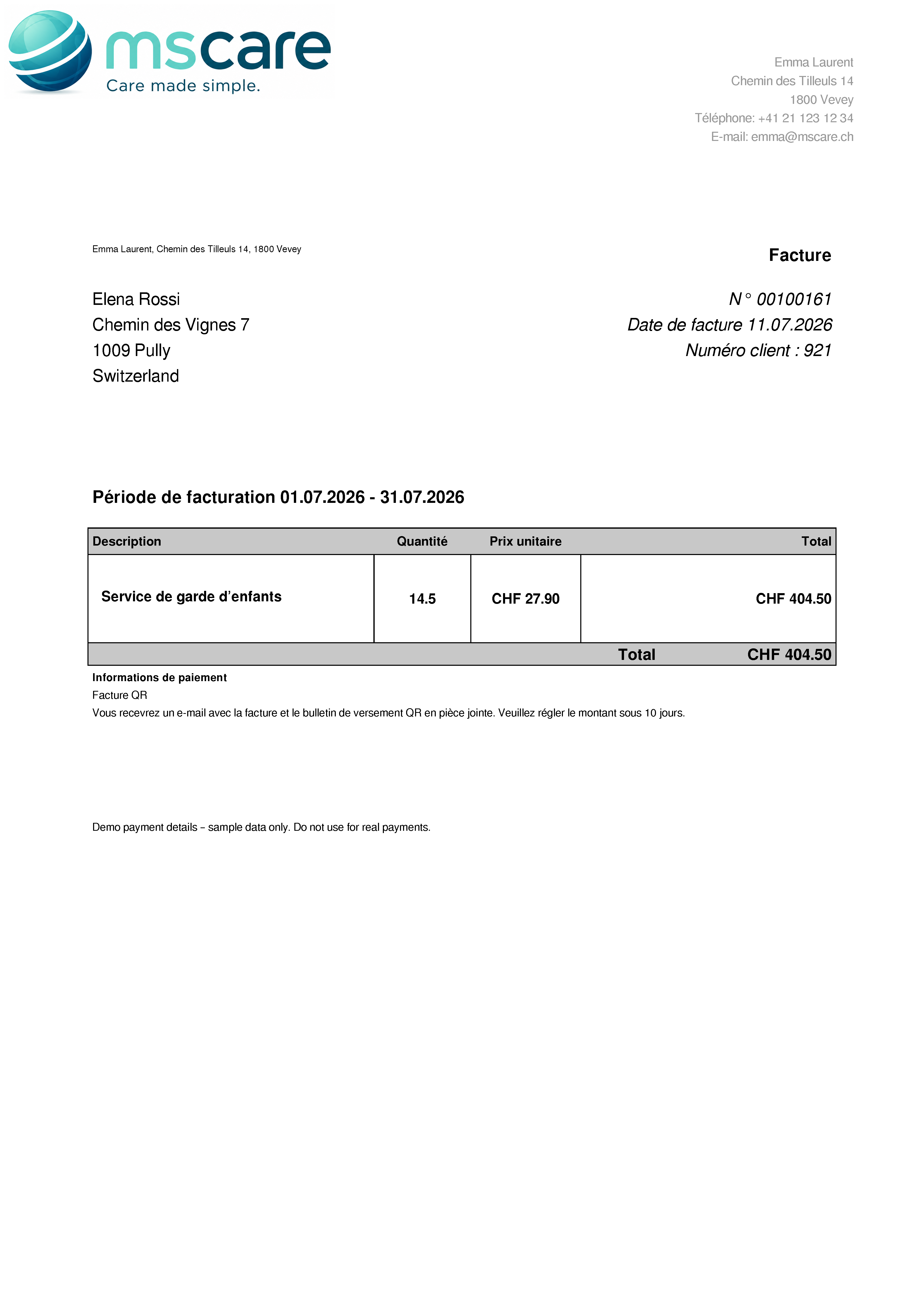 Résumé PDF concis de la facture affichant le total des heures et le montant total