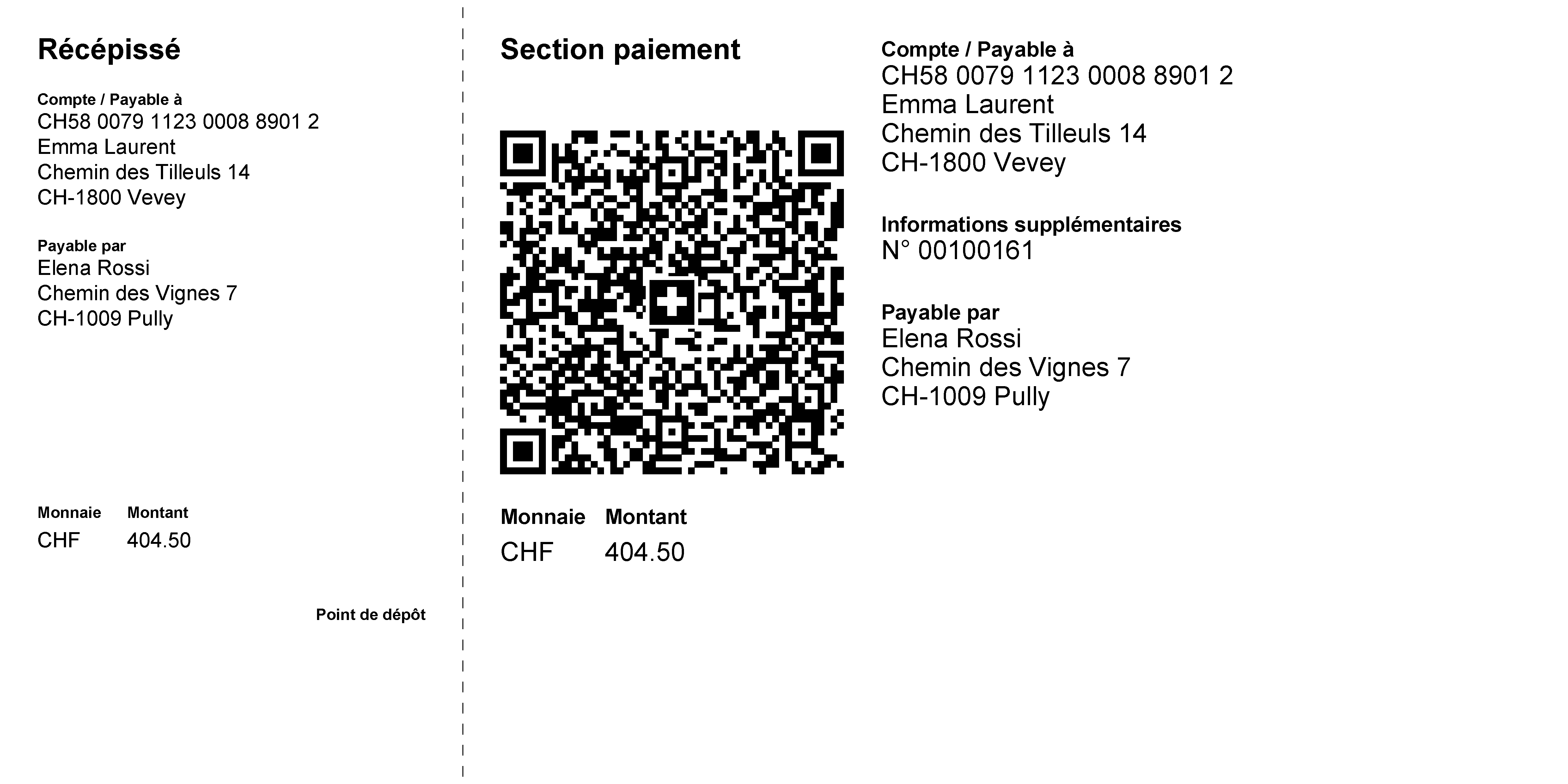 Bulletin de versement QR suisse contenant le montant de la facture et les informations de paiement