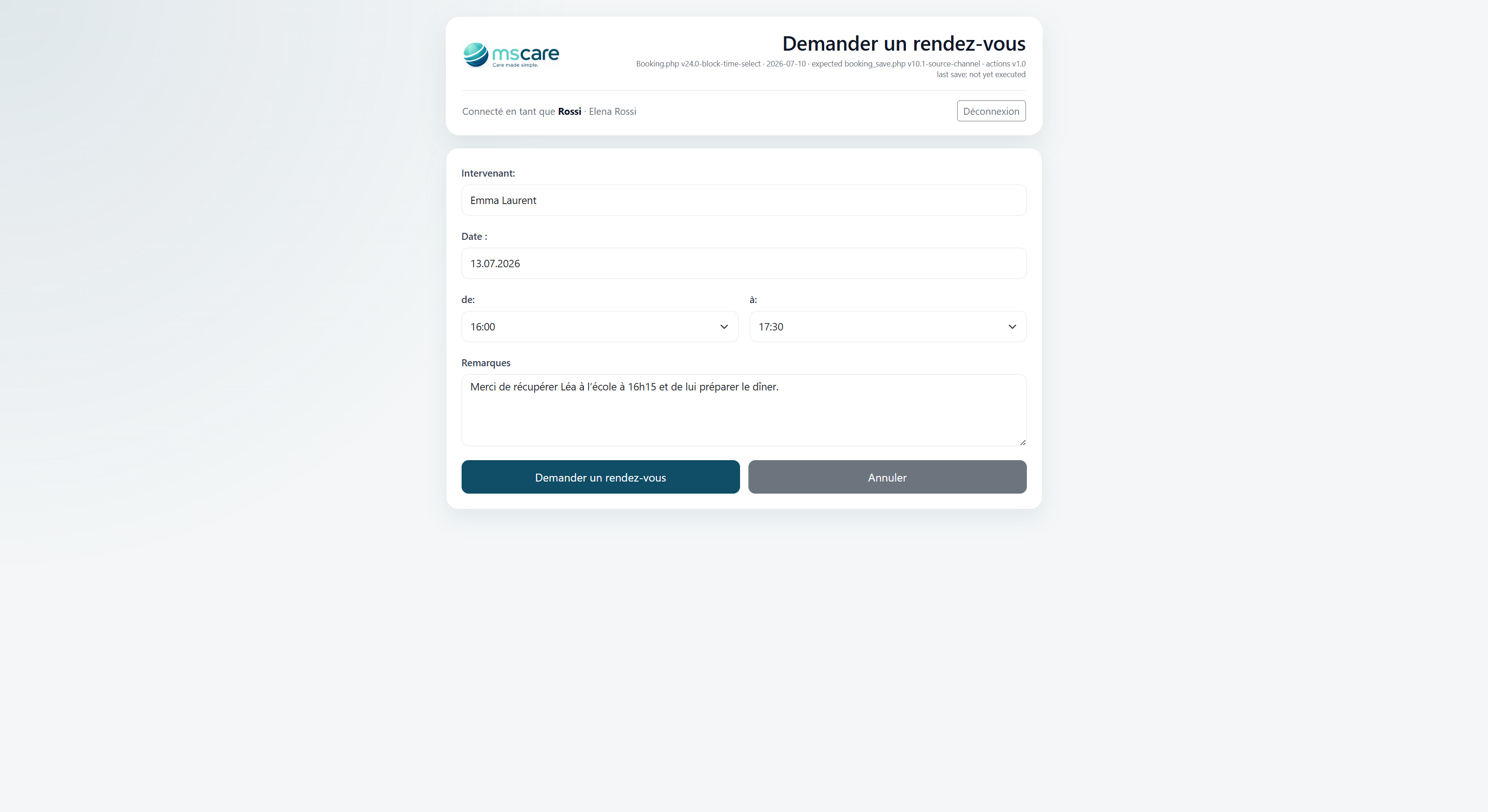 Formulaire de demande de rendez-vous avec date heure de début heure de fin et remarques