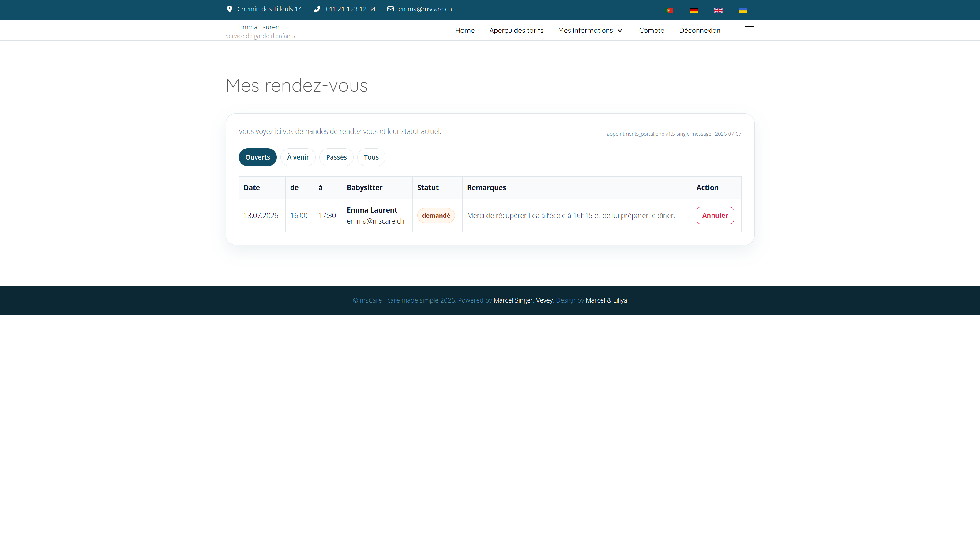 Vue d’ensemble des rendez-vous de la famille affichant dates heures statuts et remarques