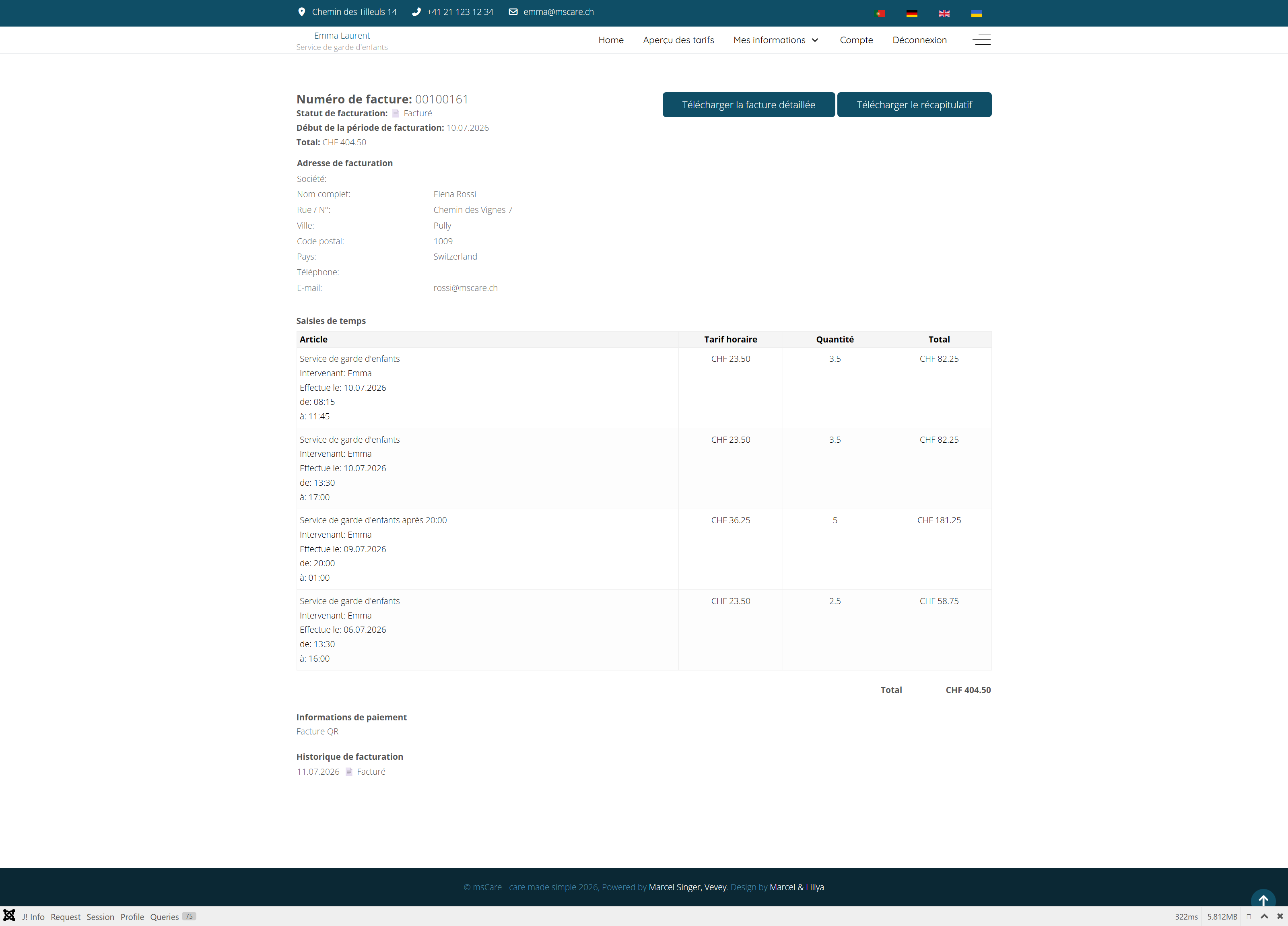 Page de facture détaillée avec prestations enregistrées et boutons de téléchargement PDF
